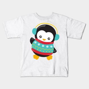 Christmas Penguin, Penguin With Sweater, Ear Muffs Kids T-Shirt